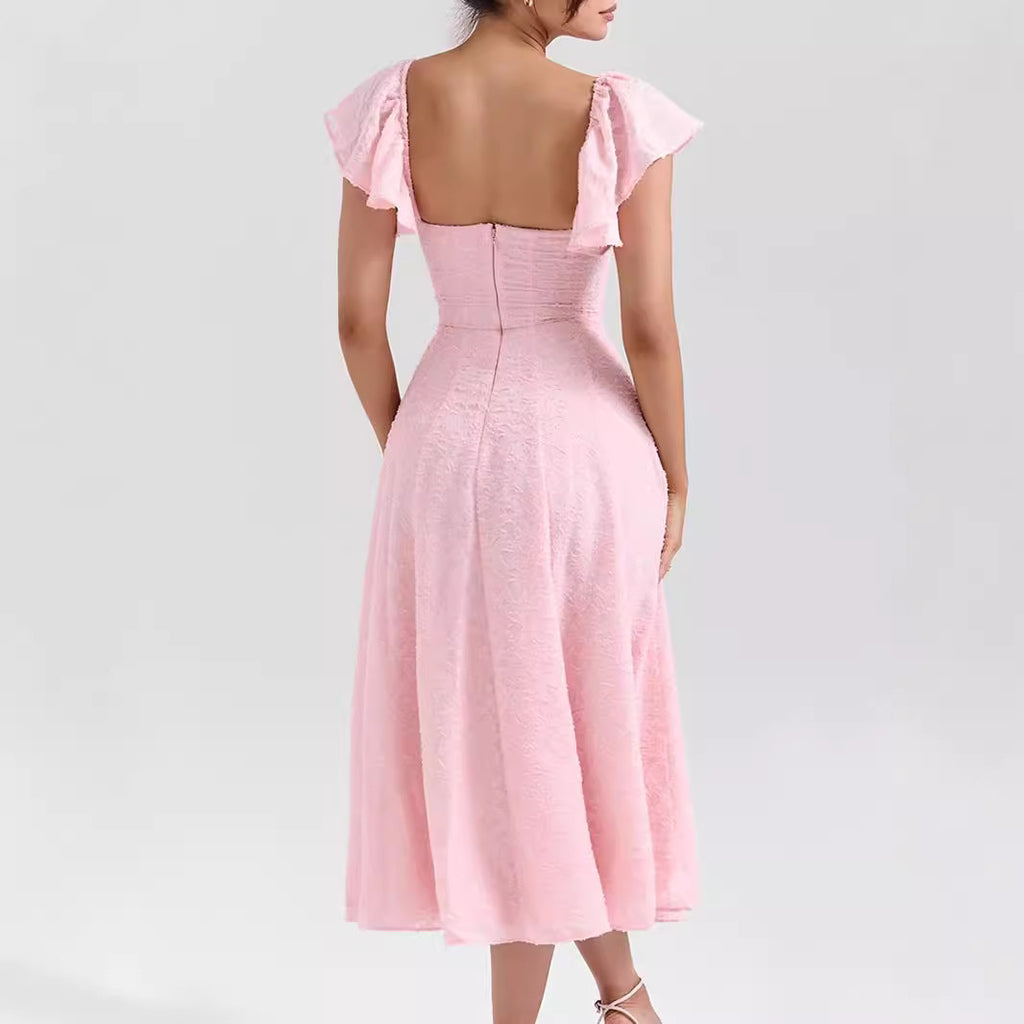 Vestido francés rosa sexy con escote cuadrado, cintura ajustada, espalda descubierta y largo medio para mujer
