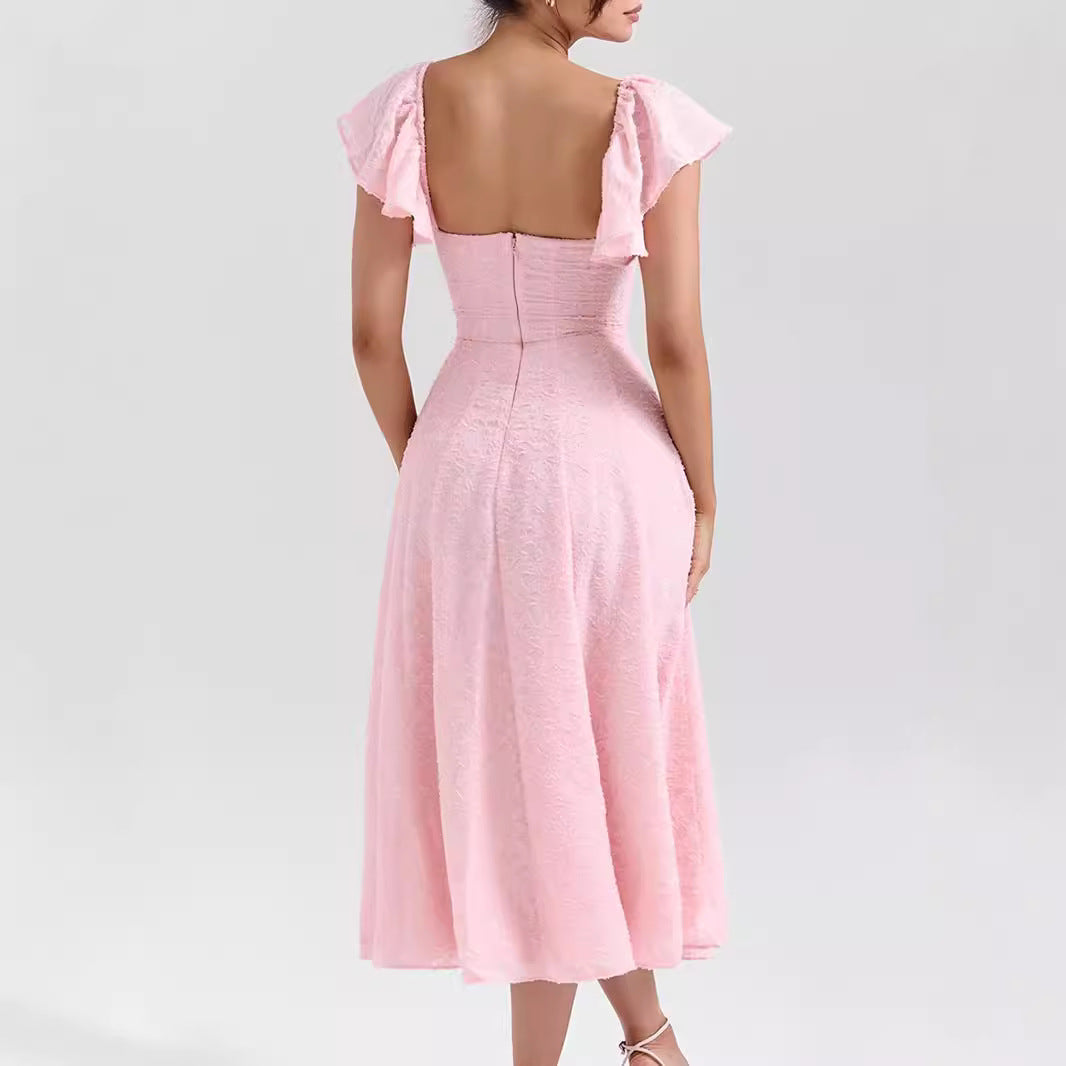 Vestido francés rosa sexy con escote cuadrado, cintura ajustada, espalda descubierta y largo medio para mujer
