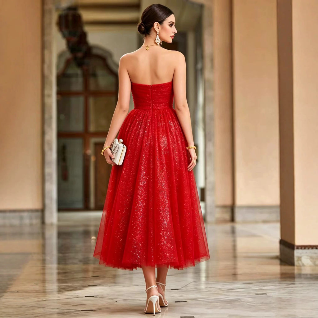 French off Shoulder Red Toast Dress Evening Gown