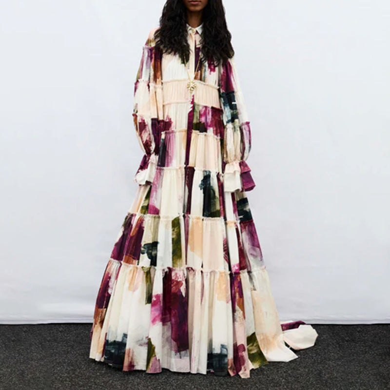 Robe trapèze ample à manches longues Maillard contrastées pour femme, idéale pour l'été.