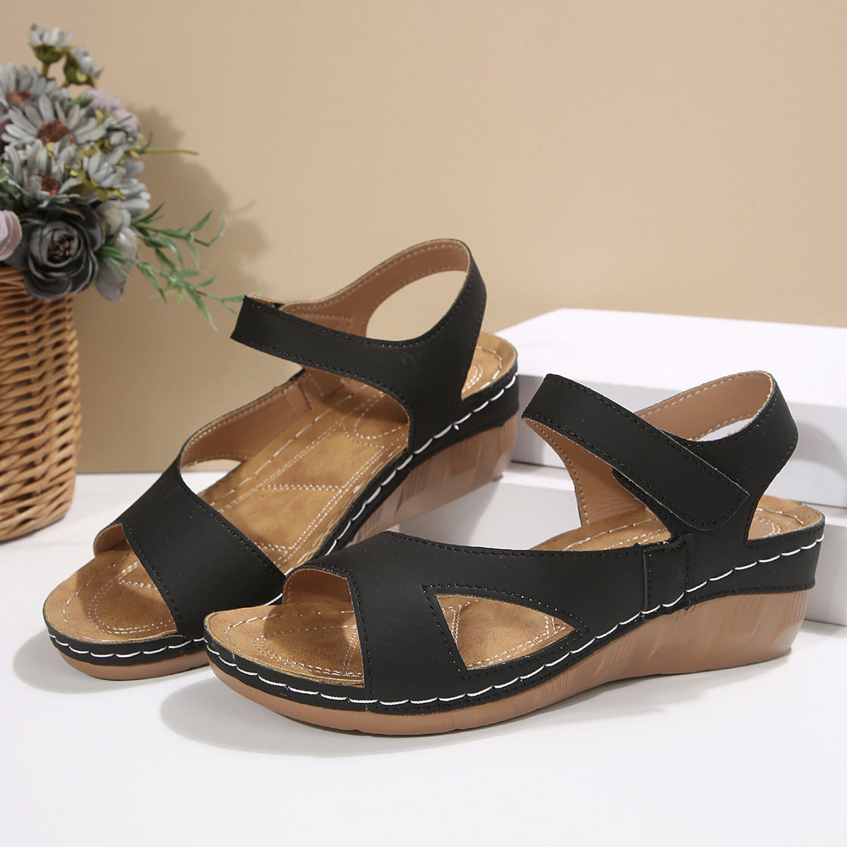 Wedge Platform Sandals Women One Word Strap Peep Toe Velcro Beach Sandals