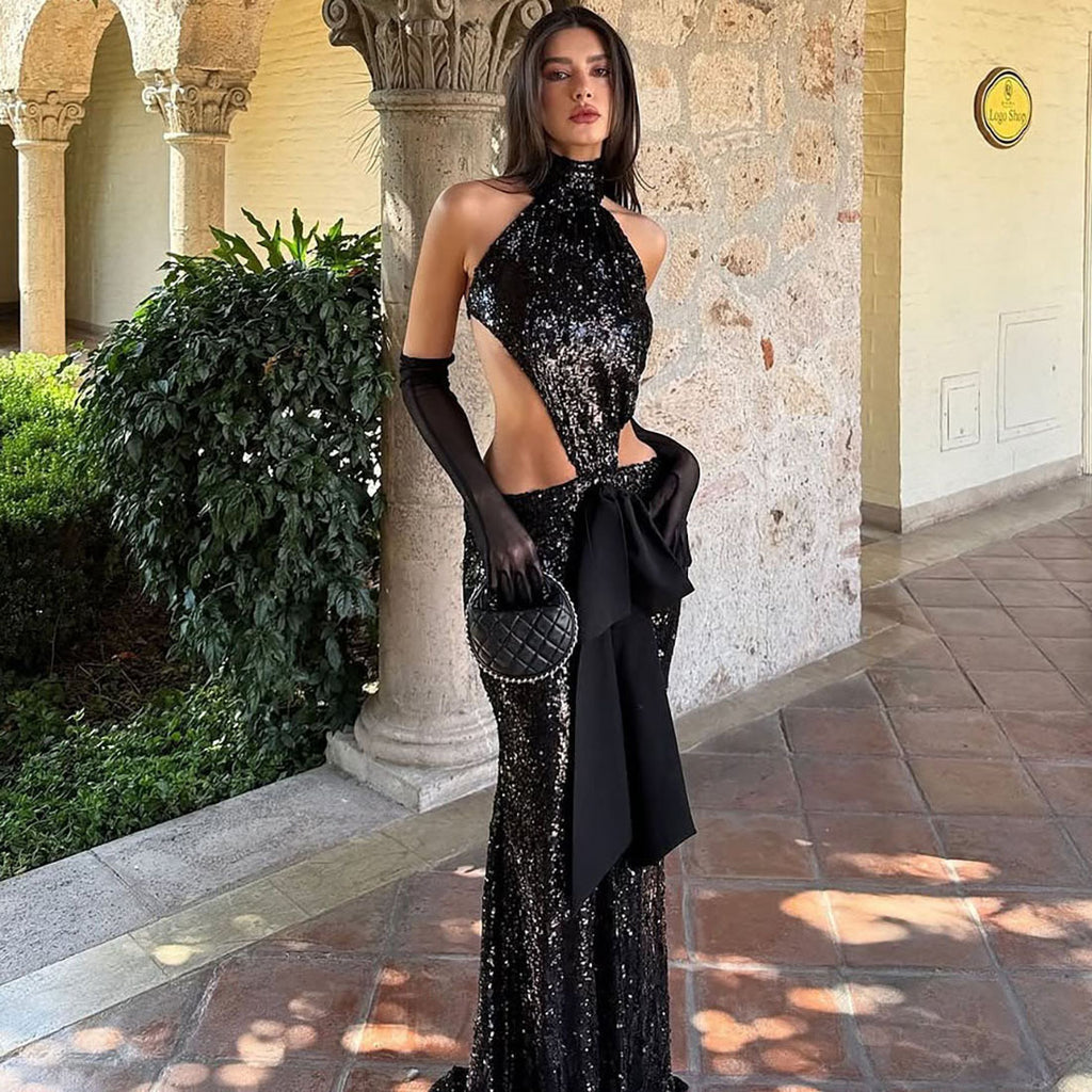 Autumn Winter Sexy Backless Hollow Out Cutout out Stitching Maxi Dress Elegant Sequ Dress