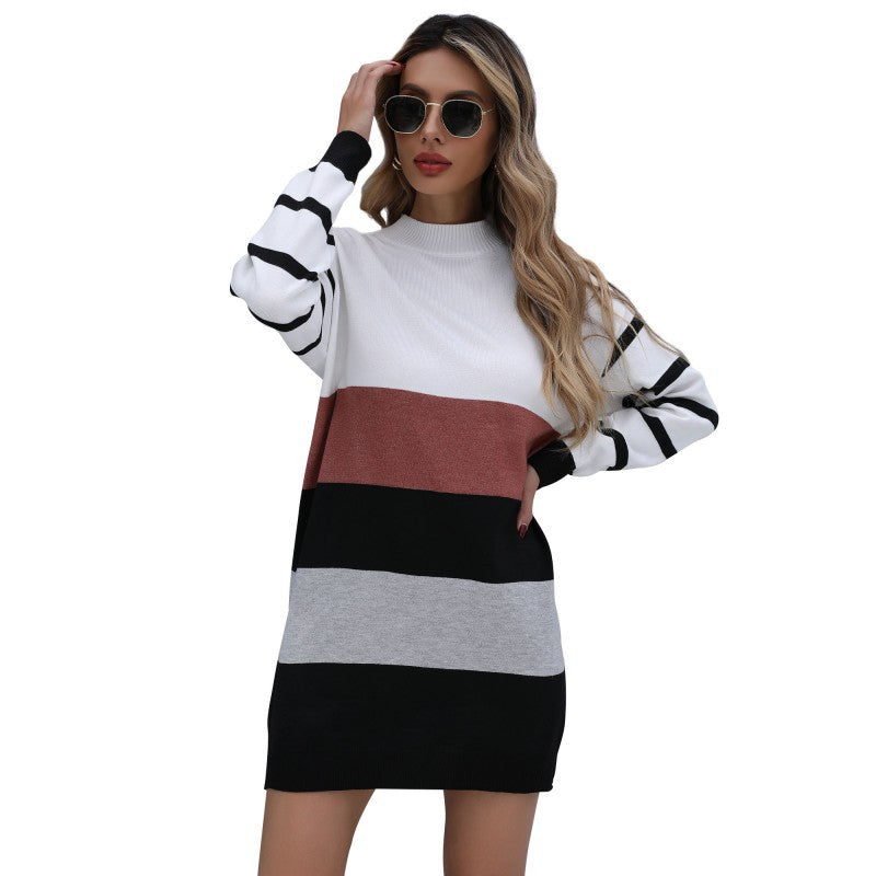 Vêtements Féminins Automne Hiver Couleur Assortie Tendance Longue Robe Pull en Maille de Base