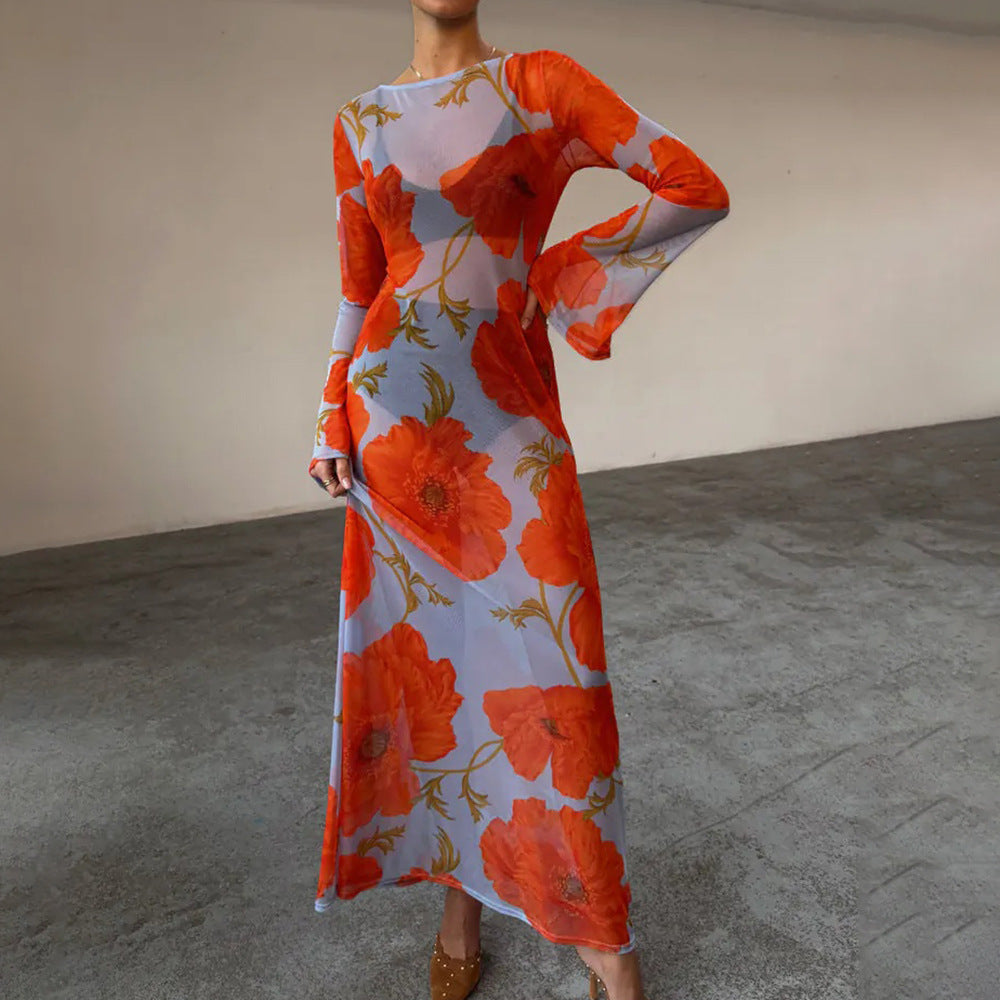 Vestido sexy de malla transparente con estampado floral, informal y salvaje.