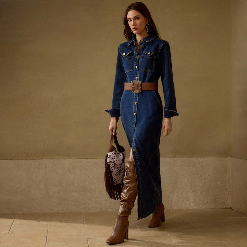 Women Clothing Long Sleeve Breasted Maxi Dress（Without Belt）