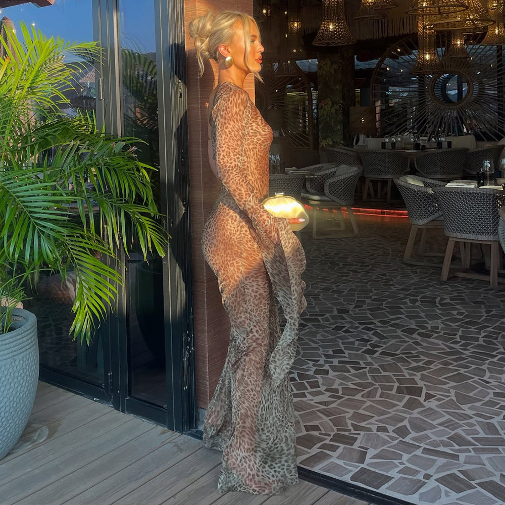 Vestido de verano con estampado de leopardo, sexy, transparente, con hombros descubiertos, manga corta, ajustado y sexy.