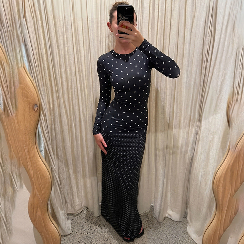 Women Autumn Long Sleeve round Neck Polka Dot Slim Fit Maxi Dress Casual Sheath Dress