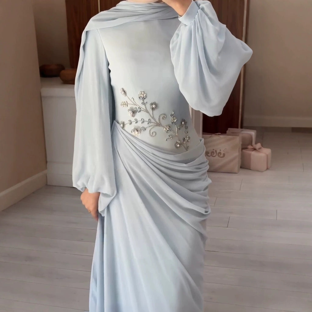 Chiffon Diamond Decorations Floral Long Sleeve Narrow Large Swing Elegant Dress