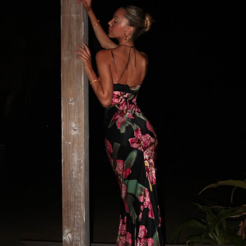 French Women Clothing V neck Strap Slim Fit Figure Flattering Maxi Dress Vintage Printed Court Advanced Dress