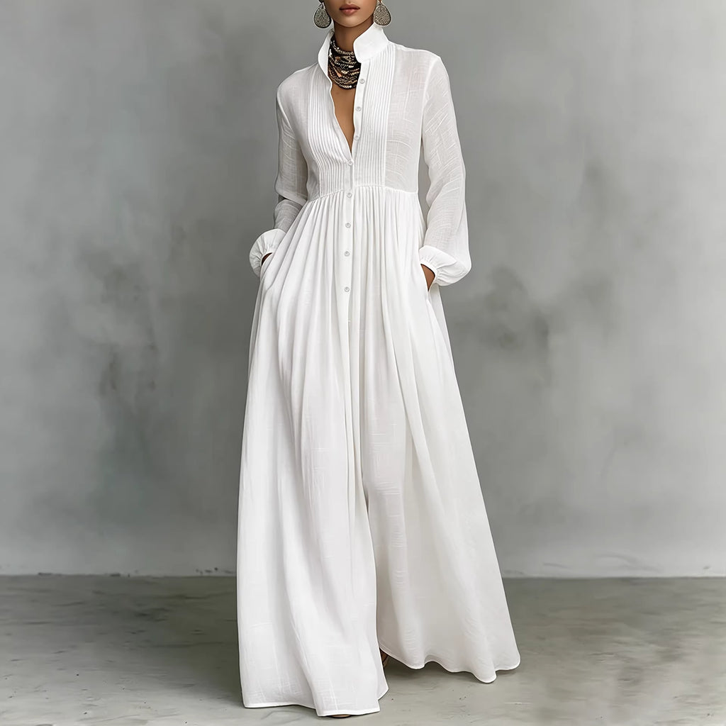 French Waist Controlled Long Sleeves Pleated Shirt Dress Pure Cotton High Quality Casual Vacation Maxi Dress