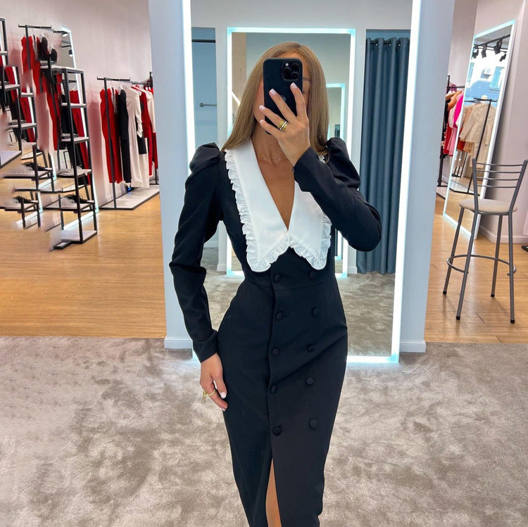 Robe maxi fendue bicolore noire et blanche contrastée, col poupée, manches longues, style français, tendance automne-hiver femme