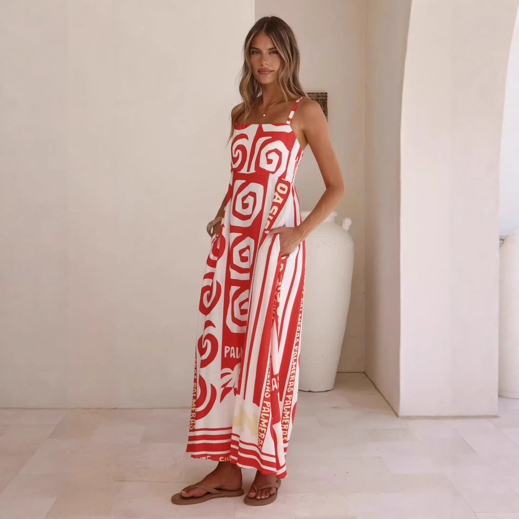 Vestido camisero de verano con estampado geométrico abstracto y vuelo grande para mujer