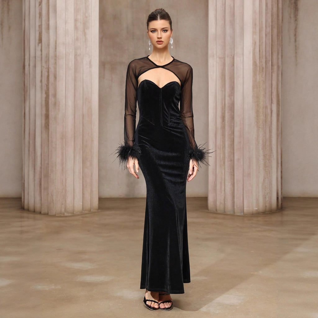 Dress Two Piece Semi Transparent Mesh Top Velvet Tube Top Dress Dinner Light Luxury Cheongsam