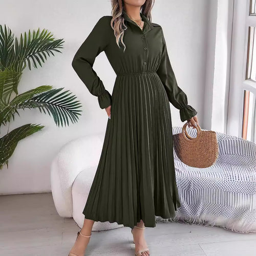 Autumn Winter Casual Collared Button Long Sleeve Cinched Pleated Maxi Dress Women Clothing