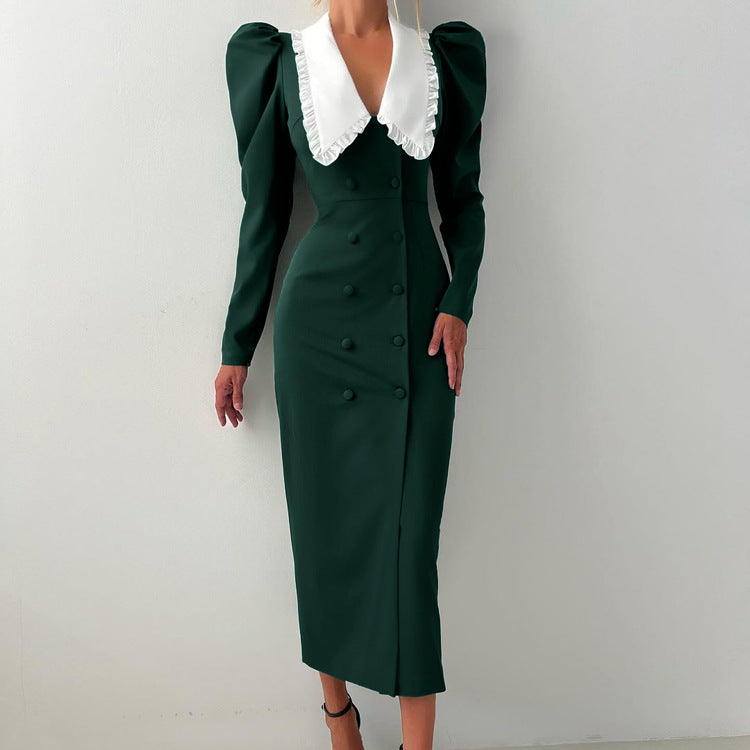 Robe fourreau cardigan à contraste de couleurs printanières pour femme, col poupée, manches longues, taille haute, style français