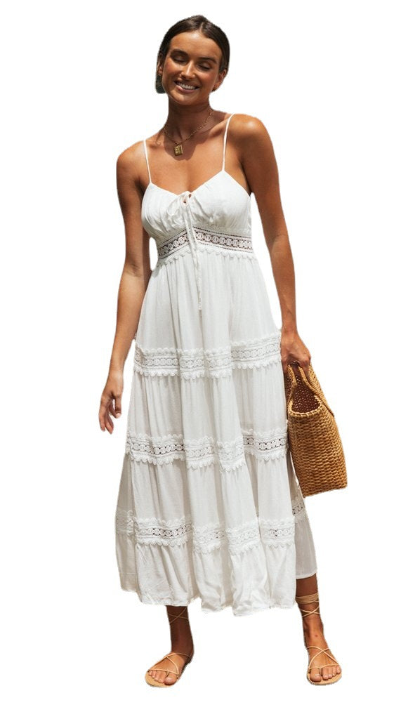 Vestido de verano para mujer, estilo bohemio, con tirantes y costuras de encaje, vestido amplio con vuelo