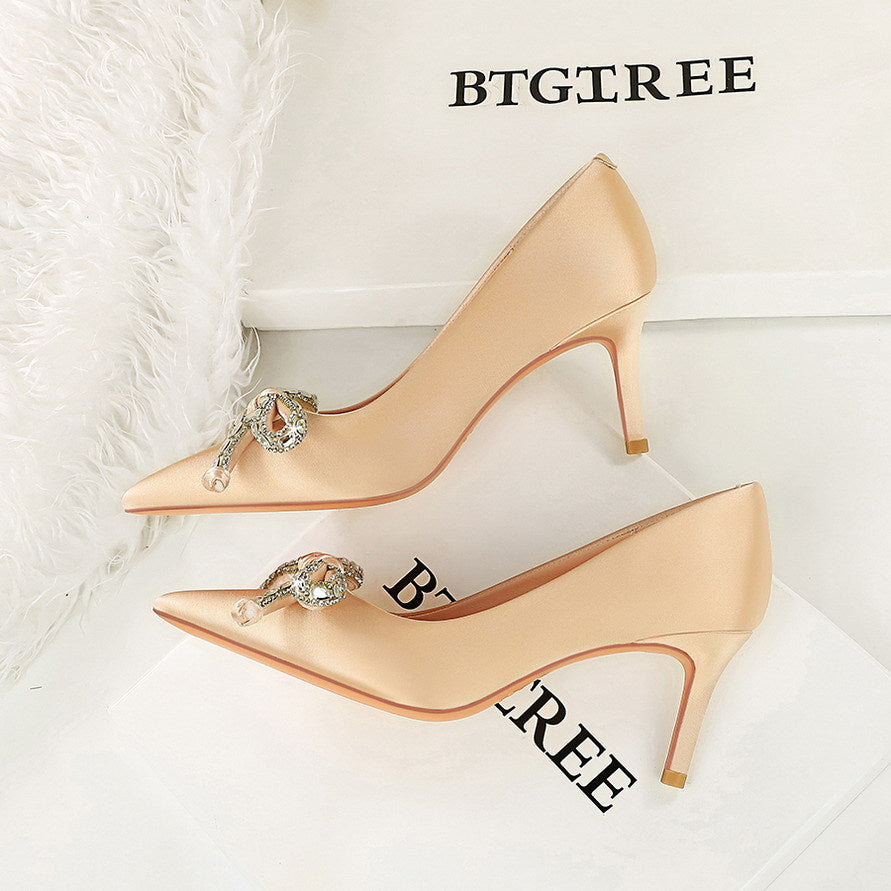 Cocktail Champagne Satin High Heels Rhinestone Bow Pointed Slip on Pumps