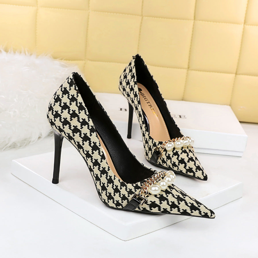Houndstooth High Heels Stiletto Heel Shallow Mouth Pointed Pearl Chain Plaid Women Shoes