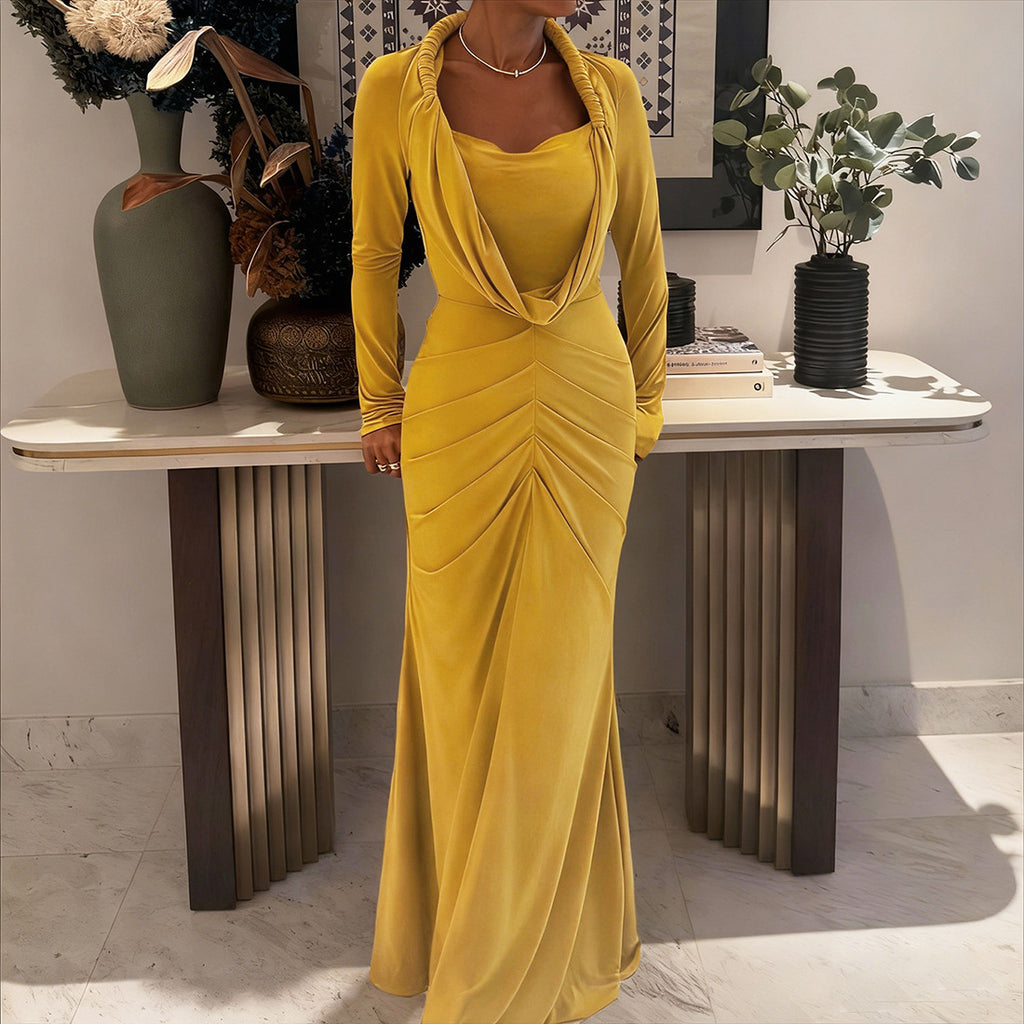 Autumn Winter Women Clothing Fashionable High Grade Solid Color Elegant Pile Collar Sexy Slim Fit Maxi Dress