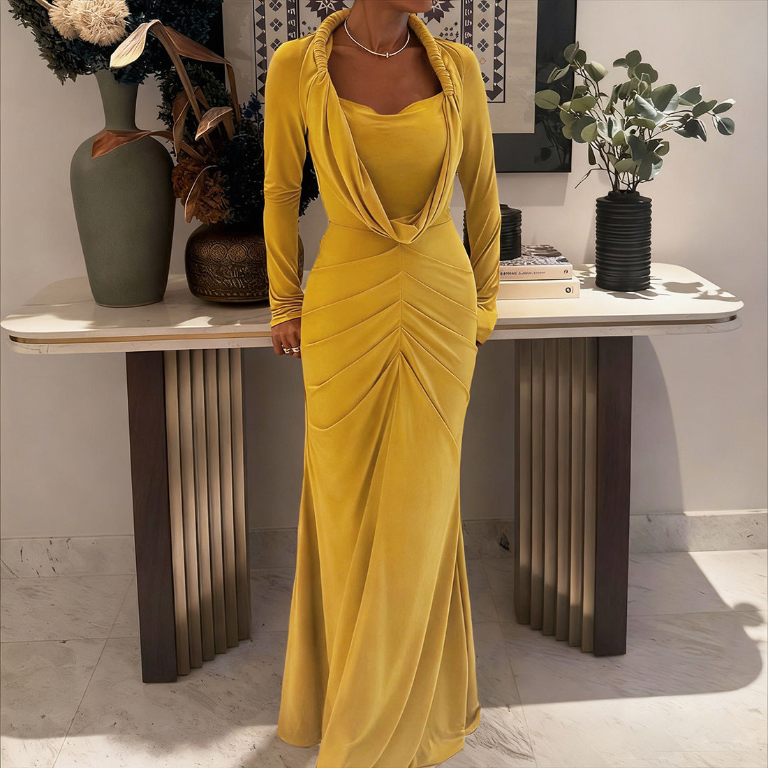 Autumn Winter Women Clothing Fashionable High Grade Solid Color Elegant Pile Collar Sexy Slim Fit Maxi Dress