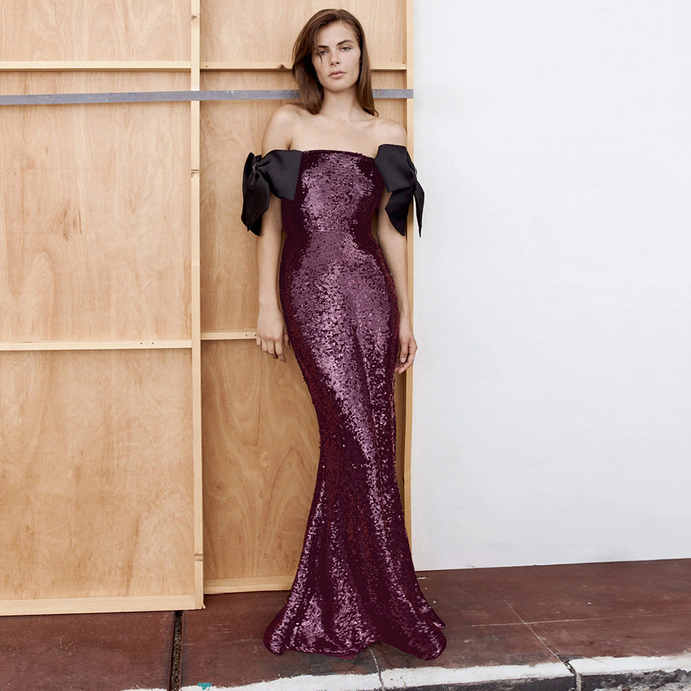 Robe de soirée longue couleur café à sequins multicolores, épaules dénudées, nœud noir, robe cocktail sirène