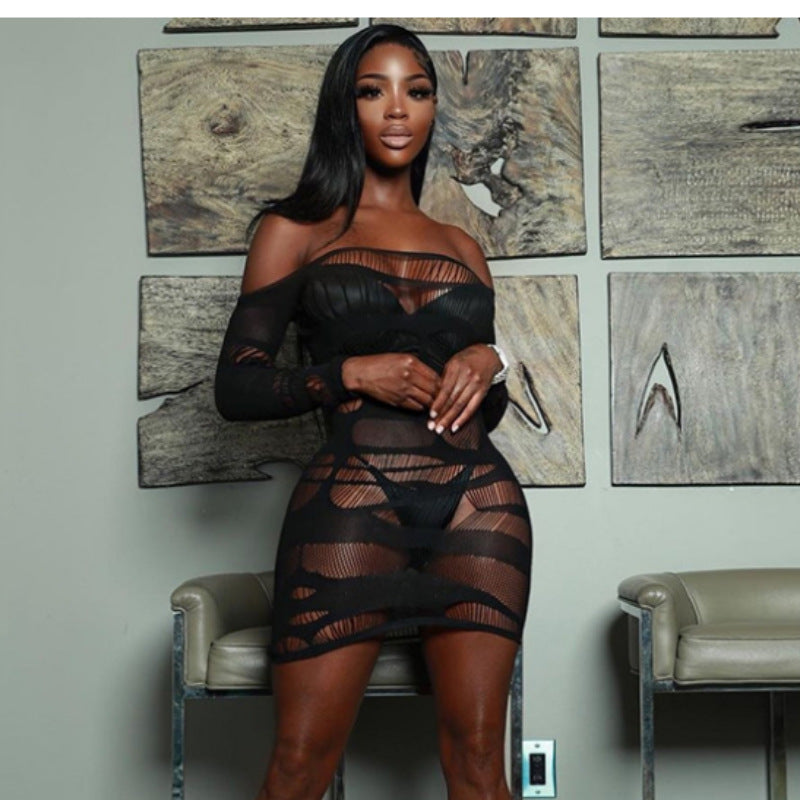 Robe sexy unie à manches longues, évidée, ajourée, en maille, transparente, moulante