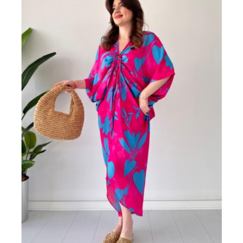 Robe femme asymétrique à manches chauve-souris amples, imprimé décontracté et cordon de serrage