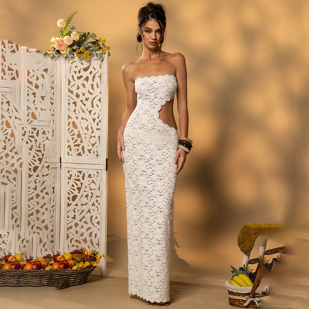 Robe bustier sexy en dentelle ajourée fendue pour femme