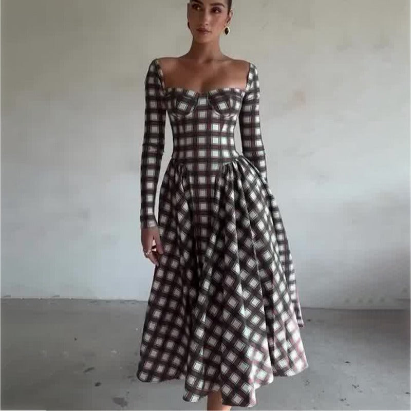 Autumn U Neck Plaid Long Sleeve Slim Fit Belt Retro Dress Women