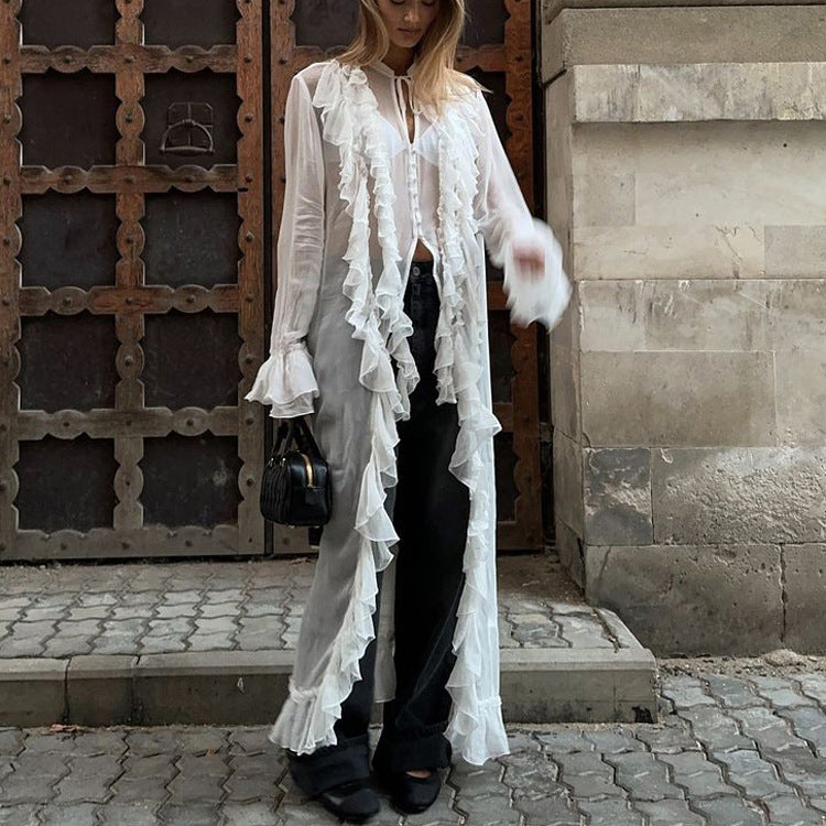 Robe sexy en mousseline à volants pour femme, manches longues transparentes, simple boutonnage