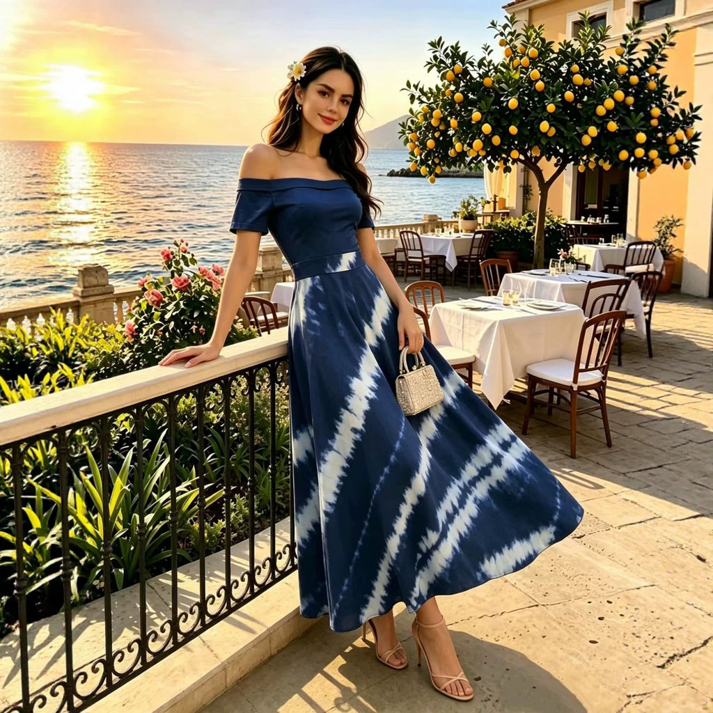 Printed Spring Summer off Shoulder Elegant Short Sleeve Slim Women Dress
