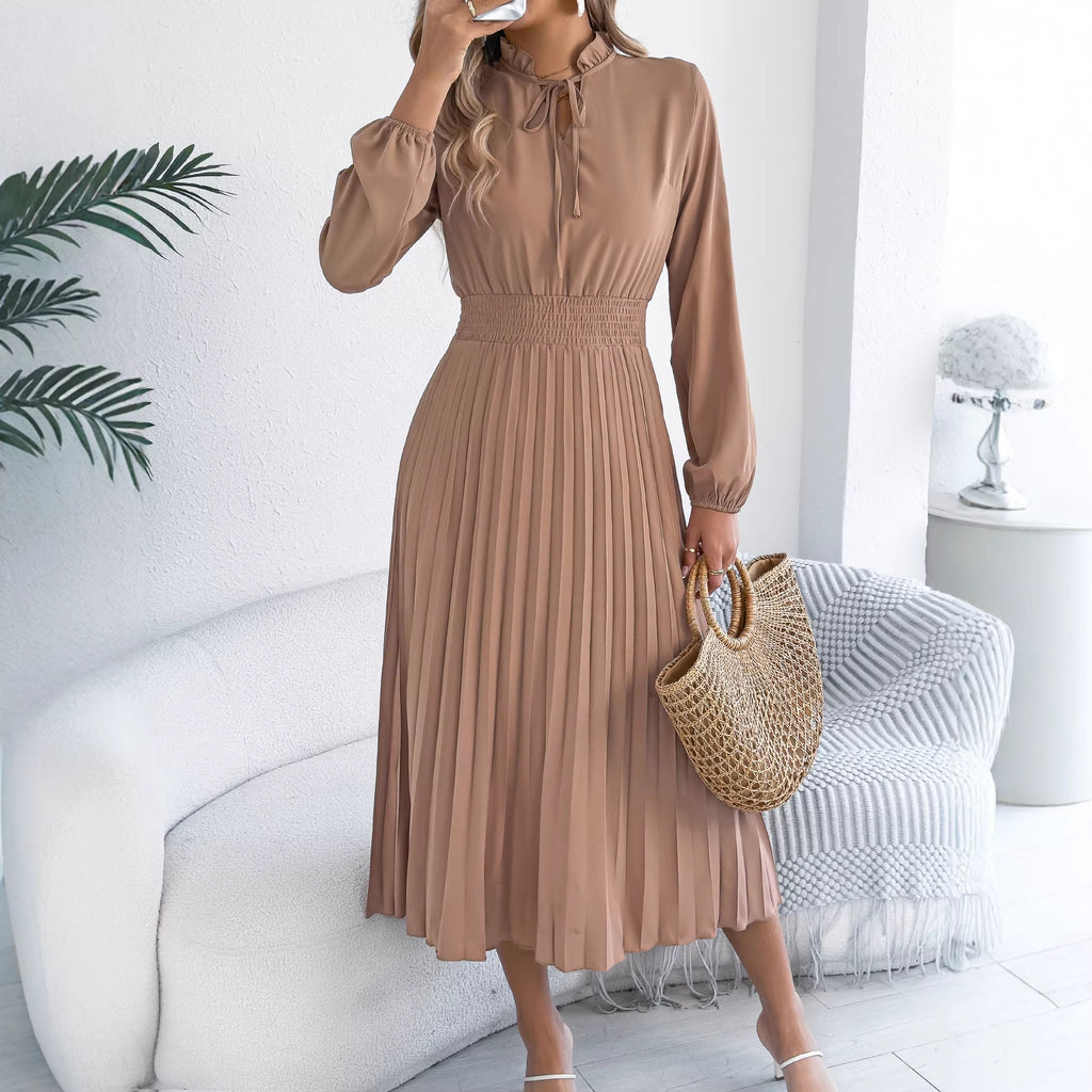 Robe longue plissée élégante à lacets et manches lanternes, collection printemps-été pour femmes