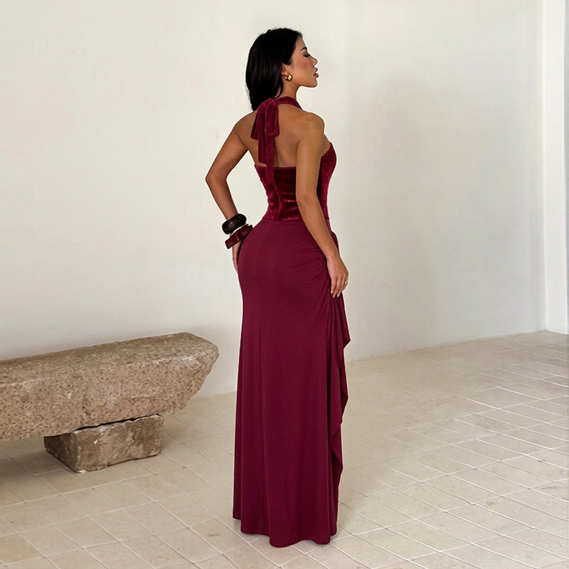Halter Sequined Elegant Dress Sexy Split Pleated Dress for Women