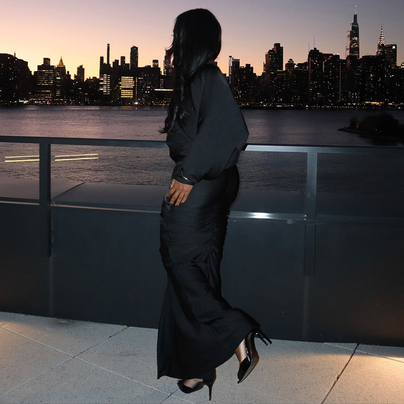 Women Clothing Autumn Winter Solid Color Elegant Casual Long Sleeve Deep V Plunge neck Backless Loose Maxi Dress