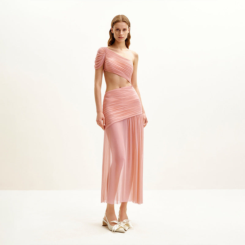 Shoulder Sleeve Pleating Cropped Outfit Mesh Stitching Solid Color Long Sheath Dress