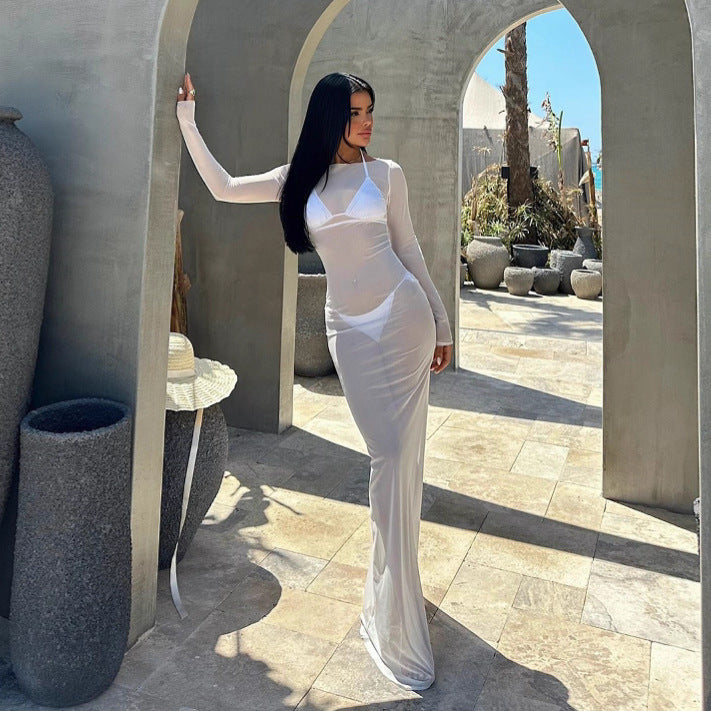 Summer Sexy Slim Mesh See through off Shoulder Long Sleeve Maxi Dress