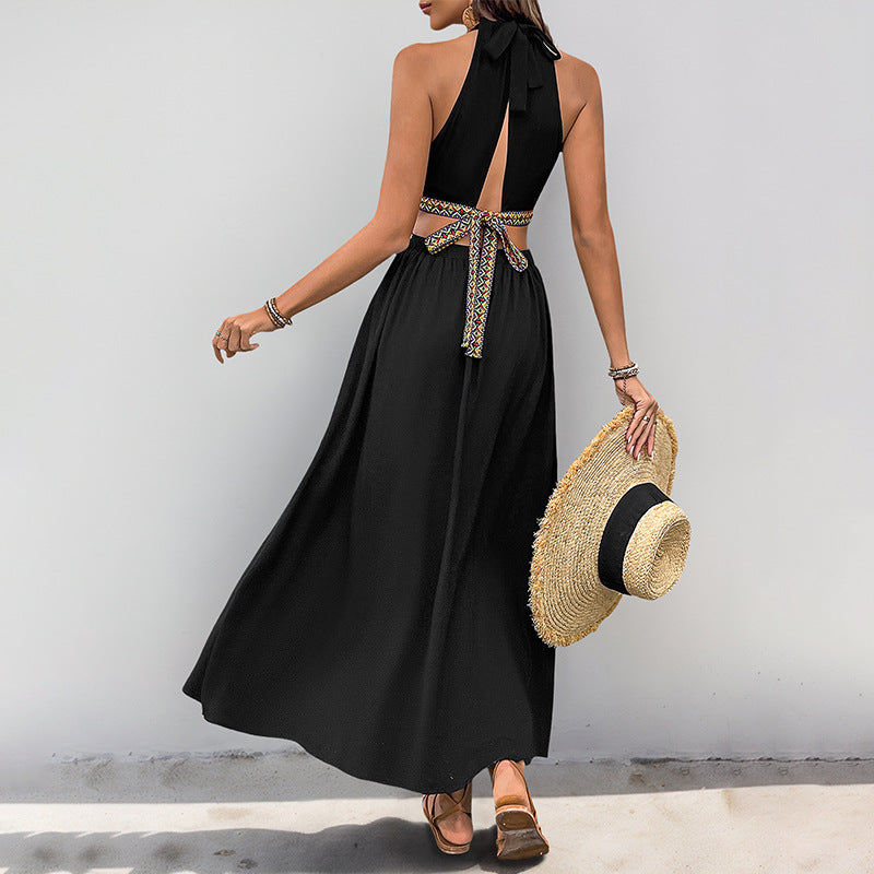 Women Casual Holiday Hollow Out Cutout Ethnic Webbing Decorative Stitching Dress