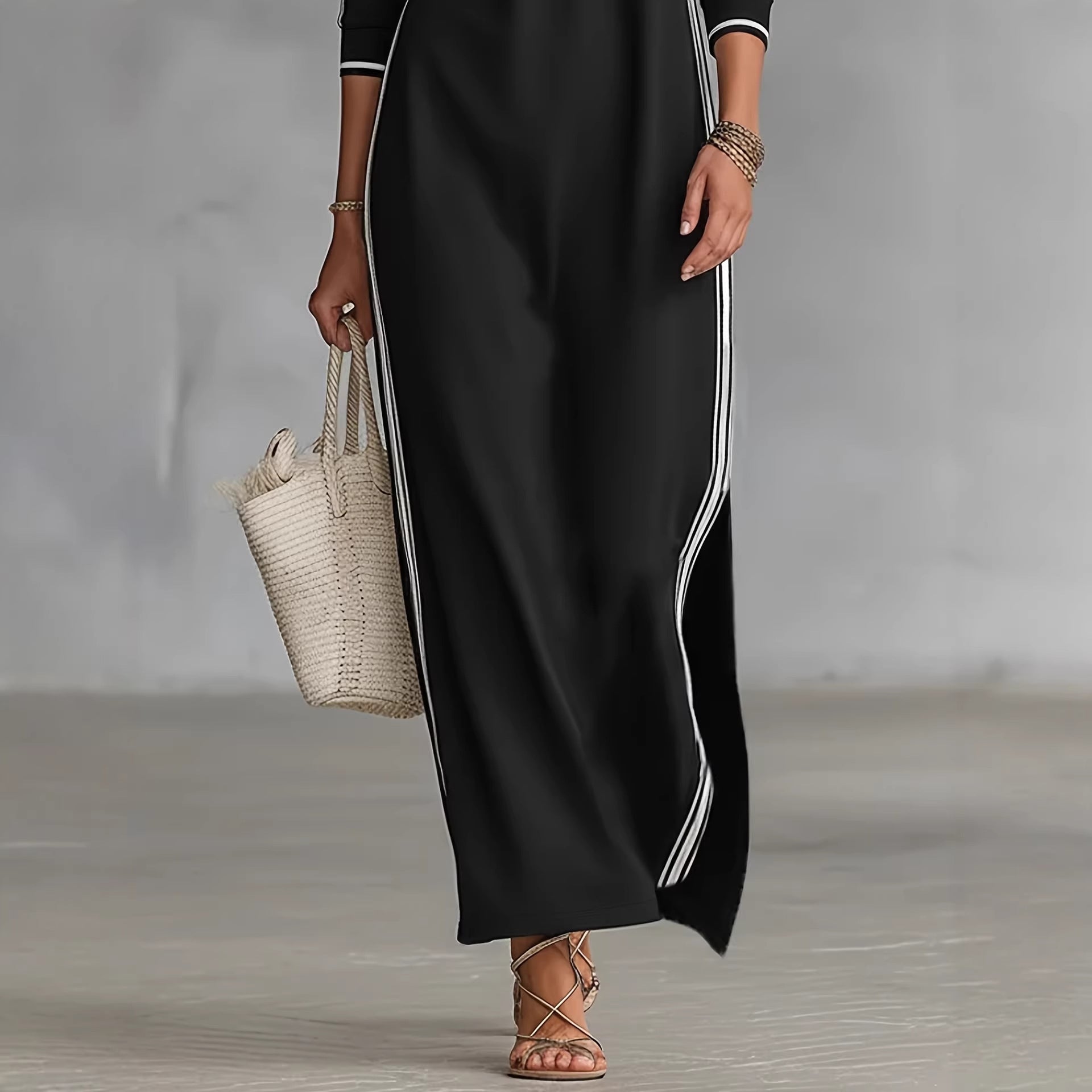 Robe longue Femme Simple Col Passepoil Blanc Décorée de Boutons Robe Pull