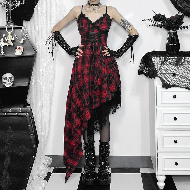 Summer Sling Dark Irregular Asymmetric Stitching Hem Plaid Dress Women