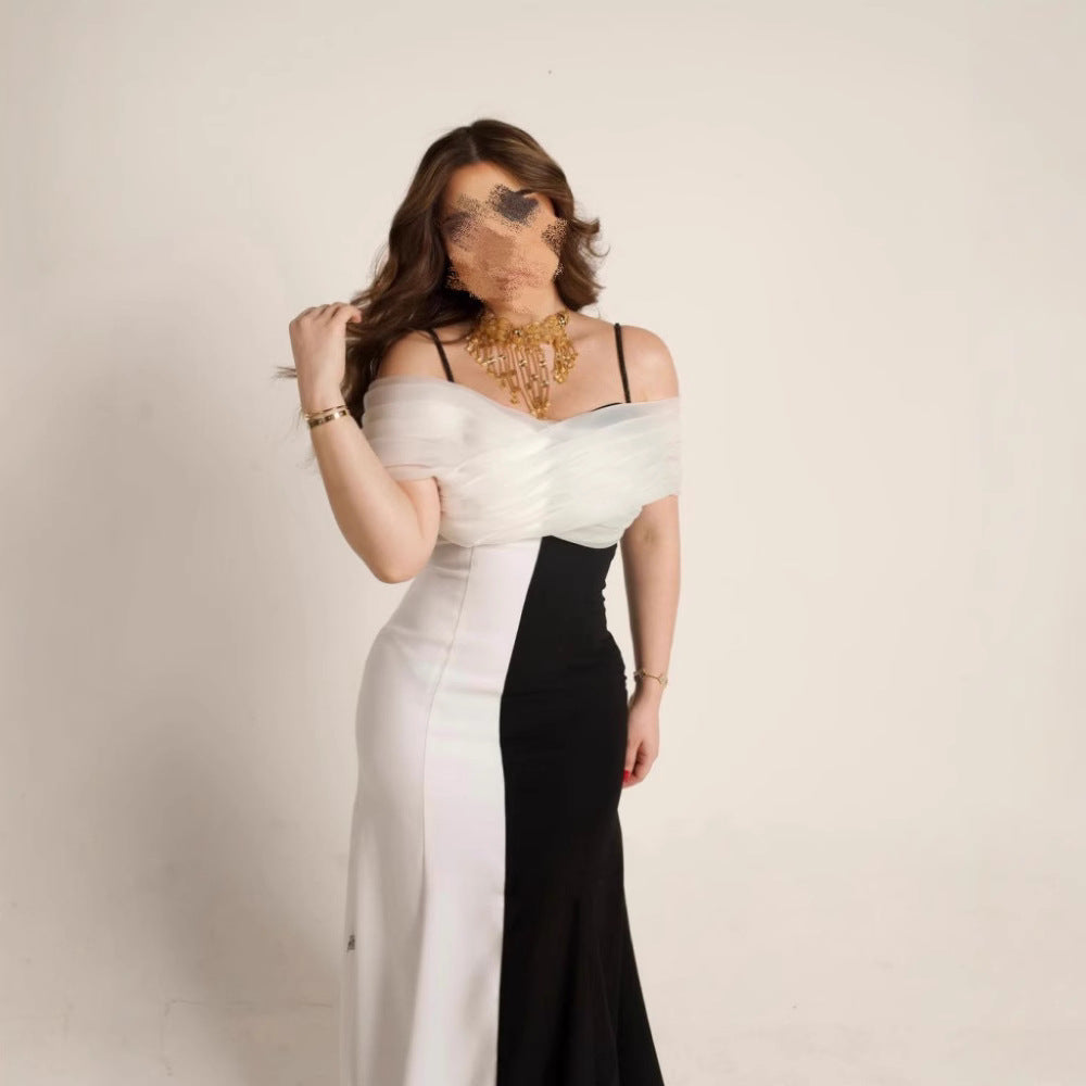 Spring Summer Women Strap Color Matching Pleated Slim Elegance Retro Dress