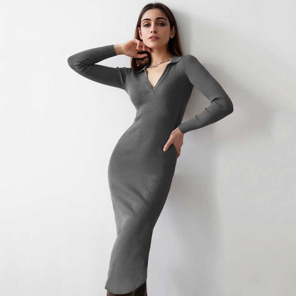 Autumn Winter Women Clothing Midi French Sexy Deep V Plunge Plunge Collared Slimming Dress