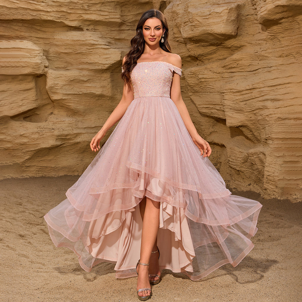 Summer Quality off Shoulder Sequin Stitching Mesh Irregular Asymmetric Multi Layer Evening Dress Party Mid Length Dress
