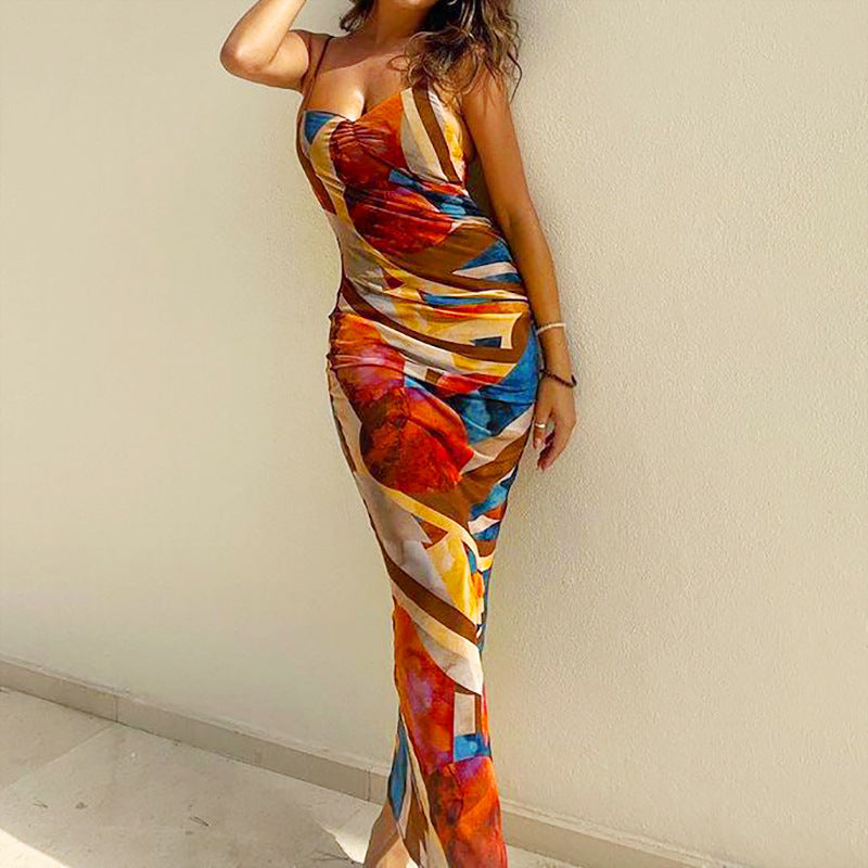 Summer Women Nightclub Sexy Abstract Printing Slip Dress
