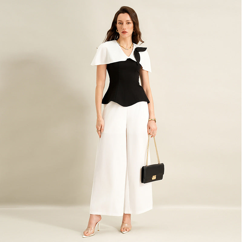Chemise longue en jersey d'été élégante pour le bureau, coloris noir et blanc assorti, vêtements pour femmes