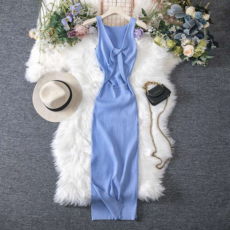 Women Clothing Summer Sexy Kinked Chest Flattering Machine Hollowed Reversible Knitted Dress