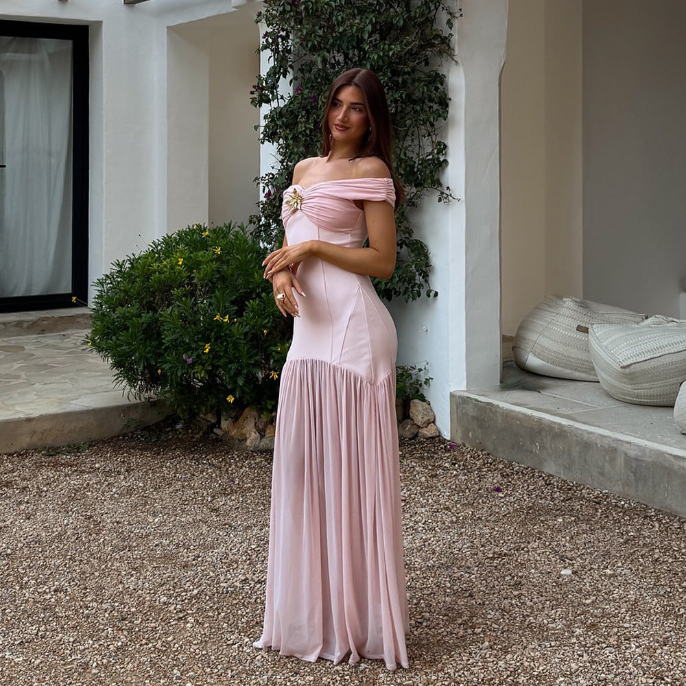 Elegant Tube Top Ladies Dress Sexy Mesh Stitching Backless Pleated Slim Fit Maxi Dress