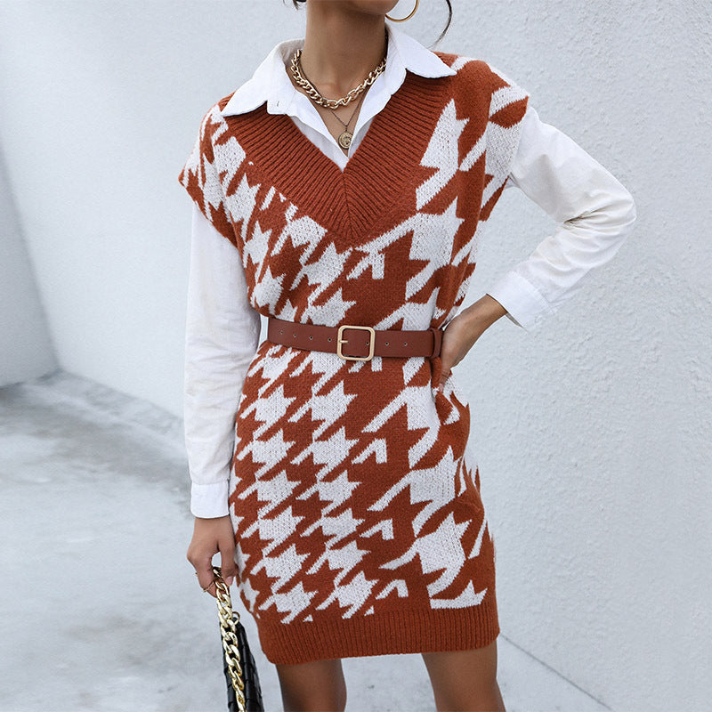 Women Wear Casual Long Sleeve Houndstooth Fall Winter Sweater Dress Outer Wear