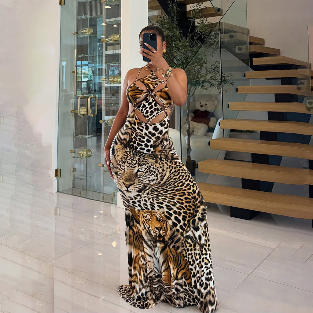 Autumn Winter Women Clothing Halter Lace up Tiger Stripe Pattern Sexy Backless Sheath Dress