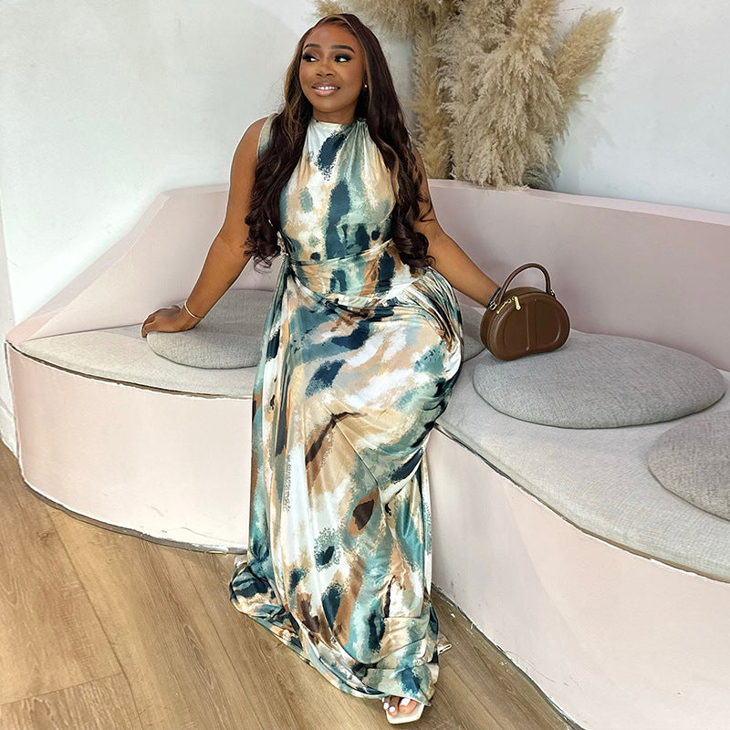 Color Matching Women Printed Wear Stylish Comfortable Loose Hip Dress Pleated Waist Maxi Dress