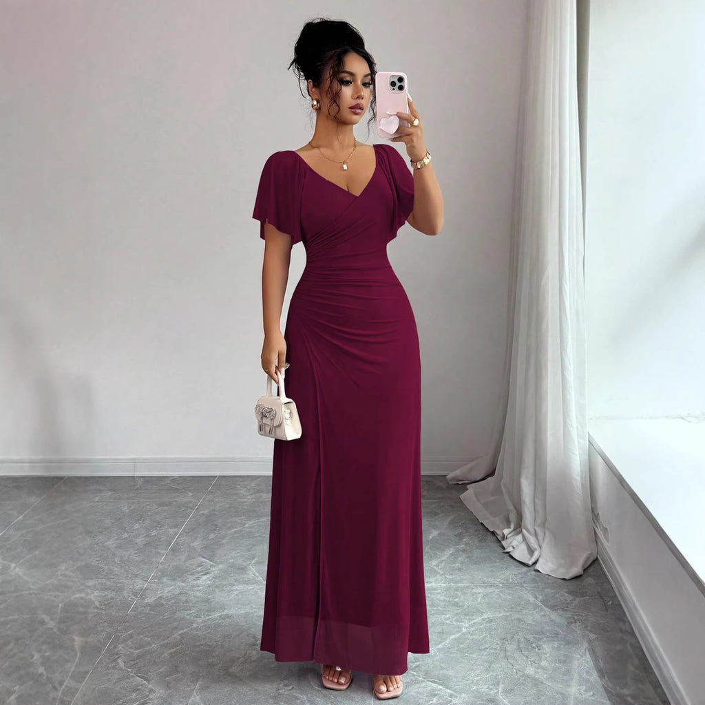 Robe de soirée fendue à manches volantes, décolleté en V et patchwork en maille élastique pour femme